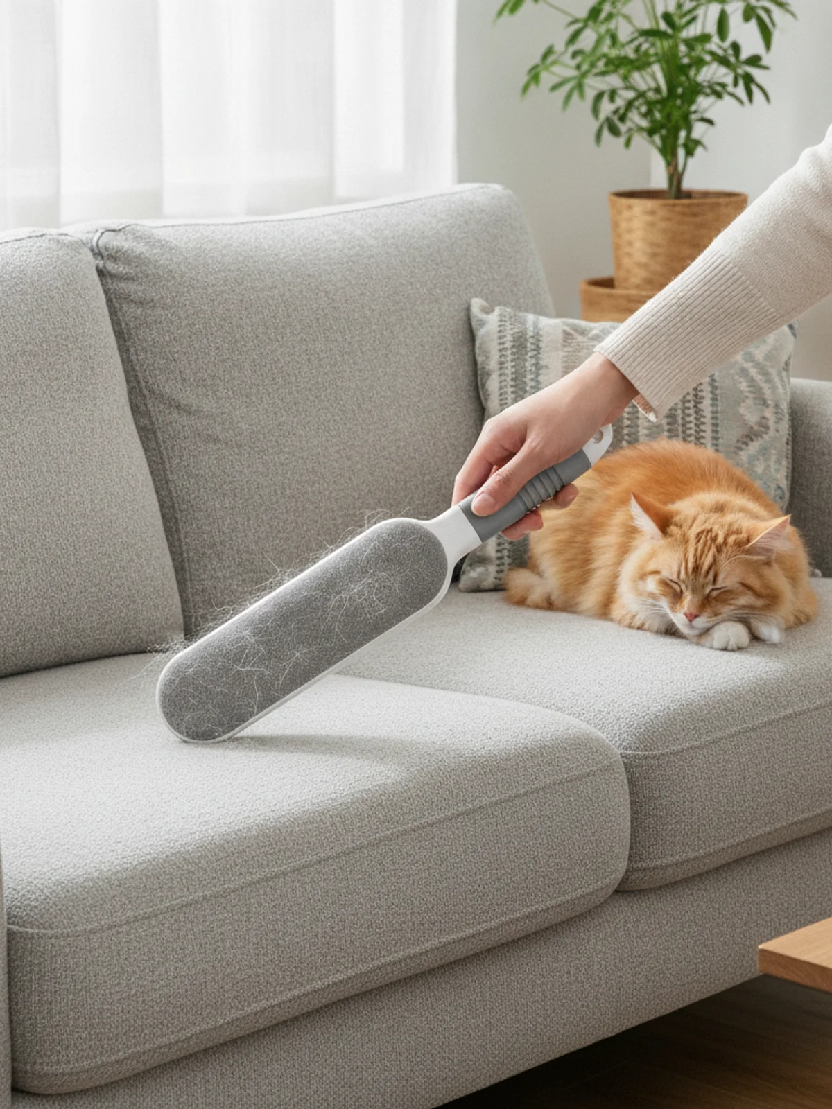 Cat owner cleaning a couch with Furivo