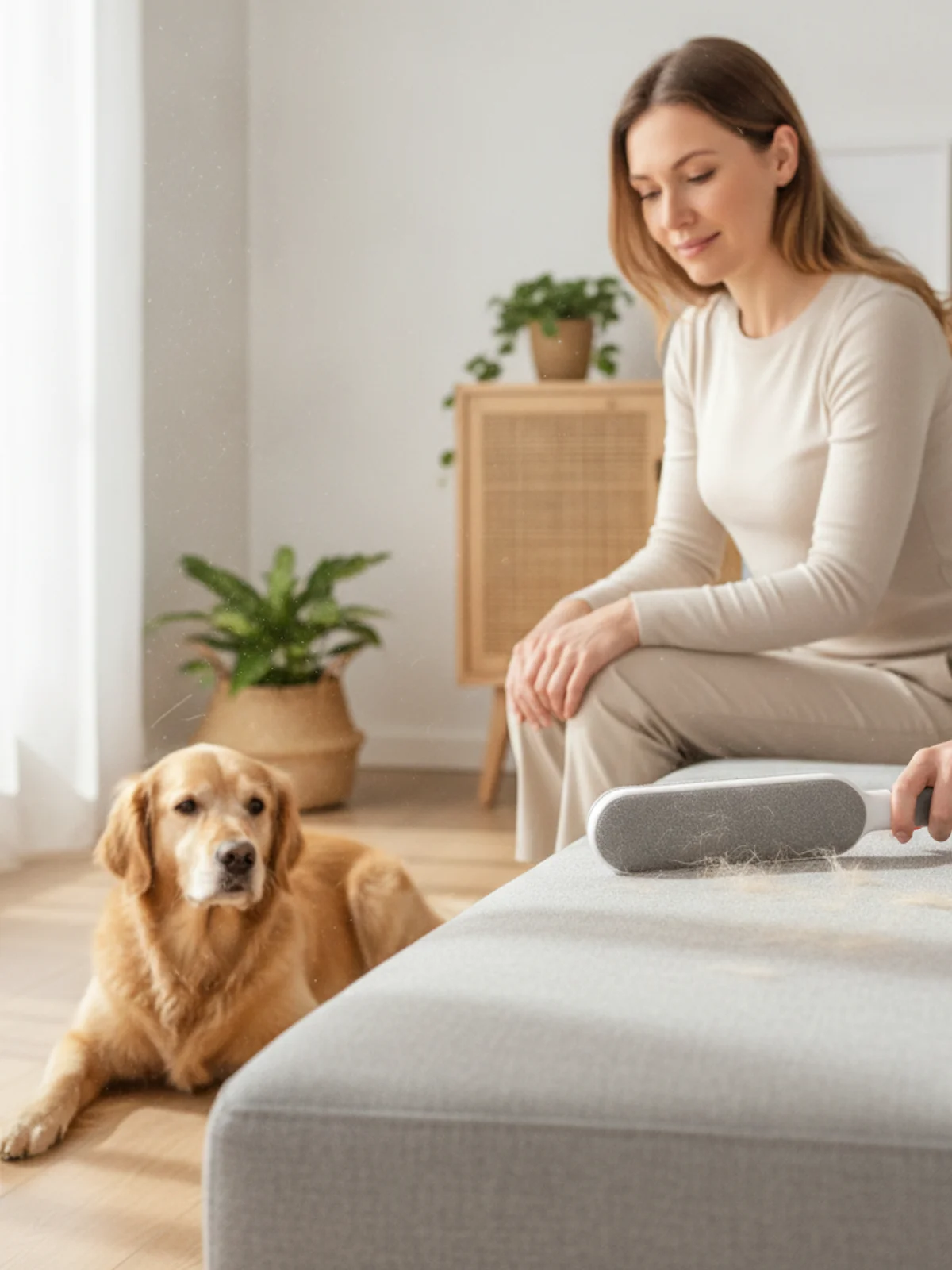 Dog owner cleaning furniture with Furivo